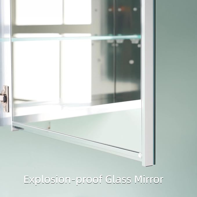 WELLFOR 24" x 30" Bathroom Medicine Cabinet, Anodized Chrome Aluminum Frame, Medicine Cabinet with Adjustable Glass Shelves, Bathroom Cabinet with Reverse Door Installation, Surface or Recessed Mount
