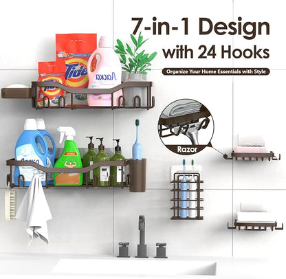 Shower Caddy Adhesive Shower Organizer 7-Pack, Rustproof Stainless Steel Bathroom Shelves, Large Capacity No-Drill Rack Storage Accessories with Soap Dish Toothbrush Holder Hooks (Brown)