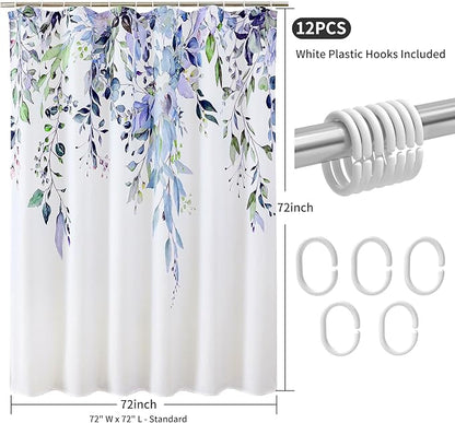 Colorful Star Green Eucalyptus Waterproof Shower Curtain Set with Hooks, Minimalist Watercolor Floral Print Bathroom Décor, Plant Leaves Washable Fabric Shower Curtain, 72 x 72 Inch