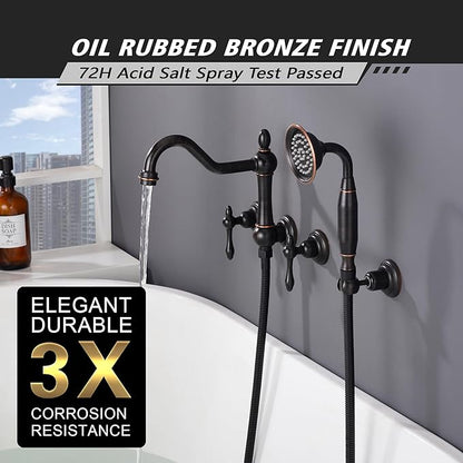 SUMERAIN Oil Rubbed Bronze Wall Mount Bathtub Faucet with Hand Held Shower, Classic High Flow Tub Filler, Rough-in Valve Included