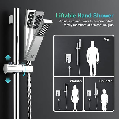 SR SUN RISE 10 Inch Square Shower Faucet, Adjustable 16-Inch Slide Bar Hand Held Shower with Hose, Square Rain Shower Head and Handheld Spray Included Valve and Shower Trim Kit, Polished Chrome