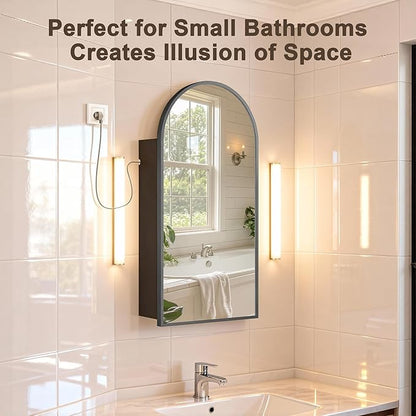 FKWin Black Mirror with Medicine Cabinet and Power Outlet, Easy to Install Bathroom Wall Cabinet for Left or Right Opening, not Recessed, Ample Mirror for Bathroom for Homeowner, Black, 20x34 inch