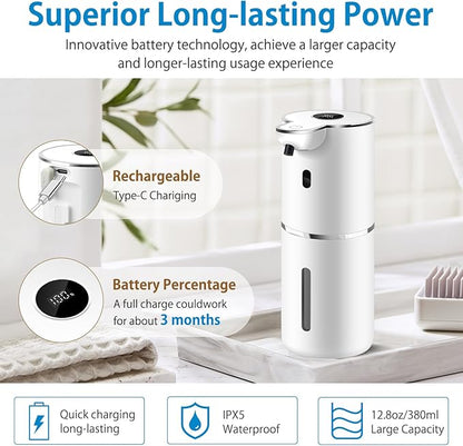 Automatic Foaming Soap Dispenser 12.8oz, Rechargeable & 6 Levels Foaming Adjustable with Digital Display, Wall Mount, Waterproof, Touchless Hand/Dish Soap Dispenser for Kitchen, Bathroom, Hotel
