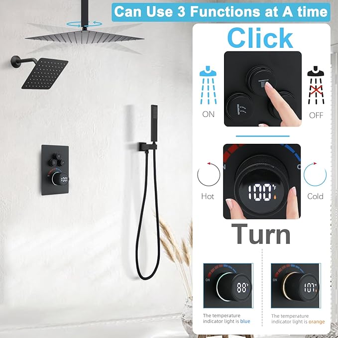 Shower System 12 Inches Rainfall Shower System Shower Head System for Bathroom 3 function shower system set Shower Faucet Rough-in Valve