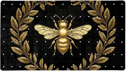 Bath Tub and Shower Mats, Non Slip Bathmat with Drain Holes and Suction Cups for Bathroom Floor, 15.1 x 26.8 Inch (Embroidery Art Golden Bee with Wreath)