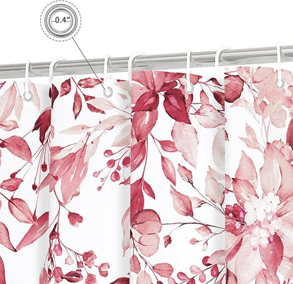 Gibelle Small Stall Shower Curtain 36 x 72, Narrow Half Pink Floral Shower Curtain for Bathroom, Watercolor Plant Eucalyptus Leaves Fabric Shower Curtain Set