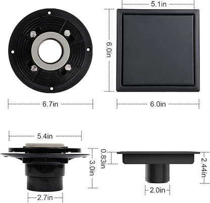 6 Inch Square Shower Floor Drain, Shower Drain Kit with Flange and 2 in 1 Tile-Insert Cover, Square Shower Drain, SUS 304 Stainless Steel Floor Drain,Matte Black