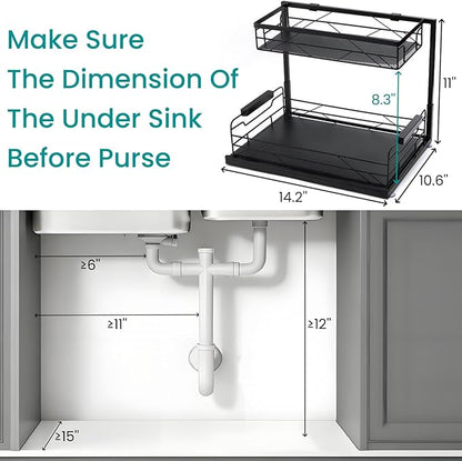 Pull Out Under Sink Organizer, 2 Tier Kitchen Cabinet Organizer with Suction Cups, PVC Mat, Sliding Drawer, Metal Cleaning Supplies Storage Shelf for Laundry, Pantry, Bathroom