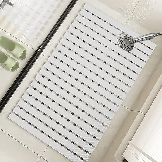 Non Slip Large Shower Mat(35.4"*23.6"),Non Suction Cups Shower Mats for Inside/Outside Shower, Heavy Duty Rubber Walk in Shower Mat for Elderly (White)