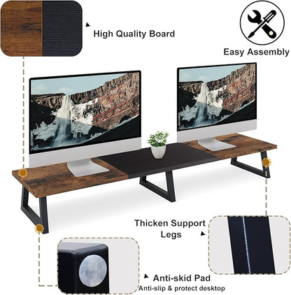 TEAMIX 42 inch Large Dual Monitor Riser, Extra Long Monitor Stand Riser Wide TV Stand Riser Monitor Stand for 2 Monitors Wood & Steel Desktop Riser Desk Organization Home Office