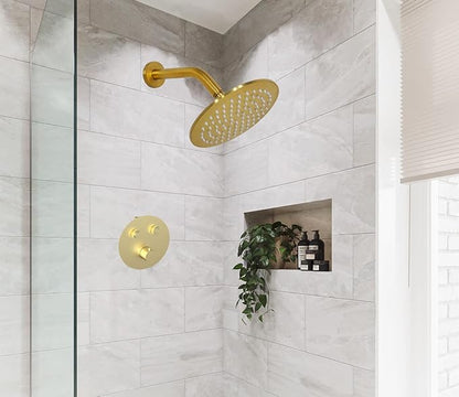 Aquaiaw Shower Arm and O-Ring Flange, 8 inch, Solid Brass, Brushed Gold, Round, Both Soldered 1/2 NPT Tapered Threads, Wall Mount Shower Arm Extension with Escutcheon, for Rain Shower Head Max. 12"