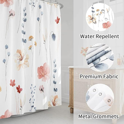 Gibelle Small Stall Shower Curtain 36 x 72, Narrow Half Watercolor Floral Fabric Shower Curtain, Coral Beige Flower Decorative Bathroom Shower Curtain Set