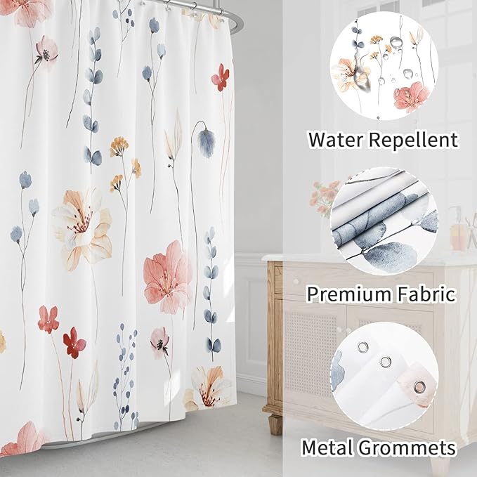 Gibelle Watercolor Floral Shower Curtain, Coral Beige Flower Shower Curtain for Bathroom, Modern Minimalist White Waterproof Fabric Shower Curtain Set 72x72 Inch