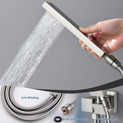 Enga Dual Rain Shower Head System, 16 Inch Ceiling Mount Shower Head with 6 Inch Wall Mount Shower Head Full Body Thermostatic Shower Faucet Set, Brushed Nickel