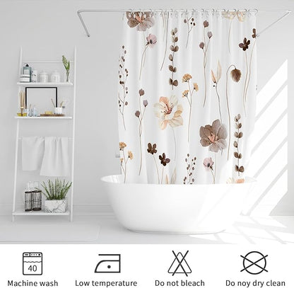 Gibelle Long Shower Curtain 72 x 78, Watercolor Floral Fabric Shower Curtain, Brown Beige Flower Decorative Bathroom Shower Curtain Set