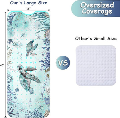 Bathtub Mat Non Slip, Turtle Extra Long Bath tub Mat Shower Floor Mat with Suction Cups and Drain Holes for Adults Kids Elderly 40 X 16 Inch