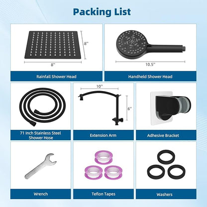 Hibbent All Metal Shower Head, 8'' High Pressure Rain Shower Head/Handheld Showerhead Combo with 16'' Adjustable Arc-shaped Extension Arm, 10 Sprays, 71'' Hose, Showerhead Holder, Matte Black