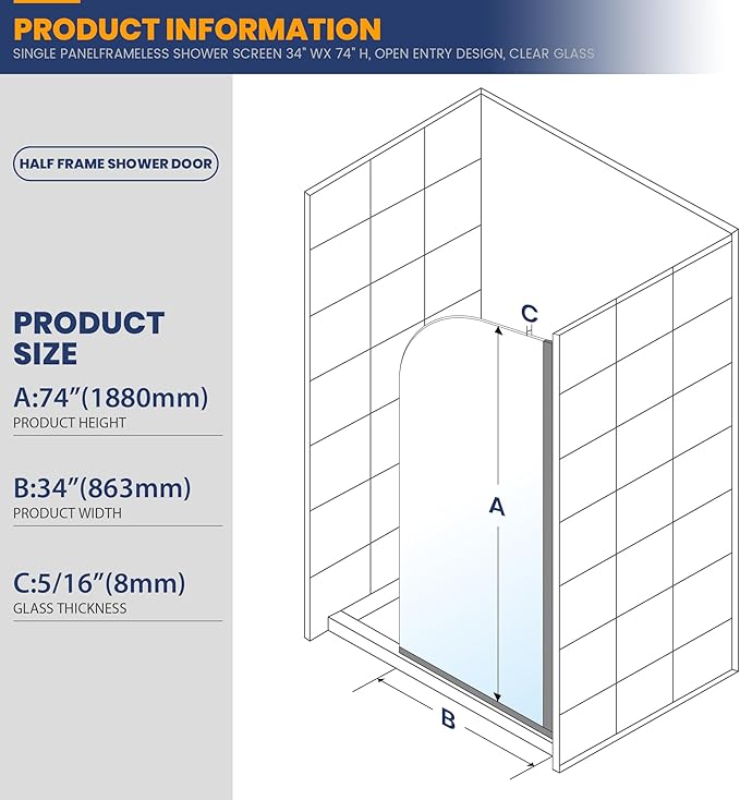 Glass Shower Door Screen, 34"" W x 74"" H Semi-Framed Fixed Shower Glass Door in Silver with 5/16""(8mm) Clear Tempered Glass Door, Simple Single Panel for Bathroom