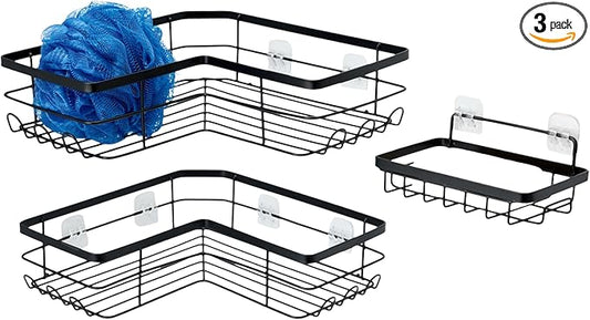 Amazon Basics Corner Shower Caddy Organizer, Stainless Steel, Black, Set of 3