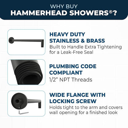 HammerHead Showers® Solid Metal 16 Inch Extended Shower Arm and Flange with Set Screw, Long Shower Arm, Extends Rain Shower Overhead, Wall-Mounted Rain Shower Arm, Matte Black