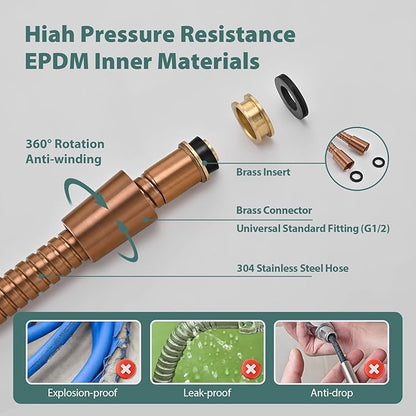 Shower Hose Replacement For Cleaning 304 Stainless Steel Shower Head Hoses 59 Inches High Pressure Bidet Hose Flexible Rose Gold Extension Showerhead Hoses Extra Long (Rose Gold, 48 In)