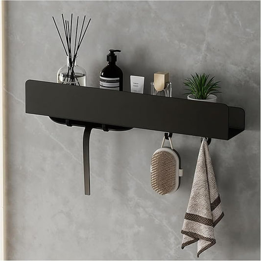 REKITA No Drill Shower Shelf Organizer, 40cm Stainless Steel Bathroom Storage with 4 Removable Hooks, Adhesive Wall Mounted Shower Caddy, Rustproof Bath Shelf for Bathroom Kitchen Living Room