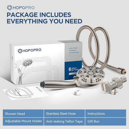 6-Mode High Pressure Handheld Shower Head Set, Consumer Reports Recommended HOPOPRO High Flow Hand Held Showerhead with 59 Inch Hose Bracket Teflon Tape Rubber Washers