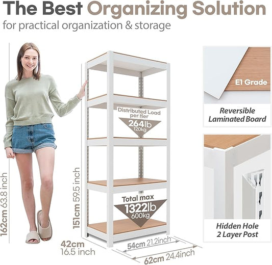 HOMEDANT House 24.4" W 5 Tier Heavy Duty Garage Shelving Adjustable Metal Rack Storage Shelves Standing Shelf Unit Organizers Pantry Closet Office White 4Pack