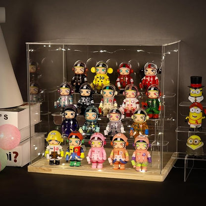 Choowin 4 Tier Clear Acrylic Display Case for Collectibles, Mini Figures, Pop Mart, Labubu, Sonny Angel, Smiski - Assemble Dustproof Acrylic Display Box with Door, Stand (Wood Base, Clear Step)