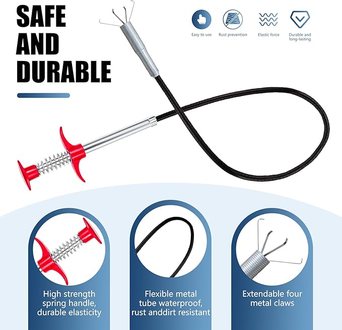 24'' Flexible Grabber Claw (4 Claws), Drain Snake with Tweezers, Bendable Hose Grabber Reacher Tool, Retractable Drain Clog Remover Tool, Pickup Tool for Bath Tub, Toilet, Kitchen Sink & Sewer
