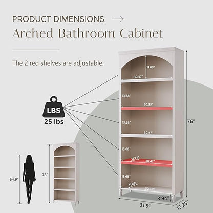 76" Tall Arched Bathroom Storage Cabinet, 5 Tiers Large Farmhouse Arched Cabinet w/Adjustable Shelves, Modern Wooden Storage Cabinet for Bathroom, Living Room, Entryway, Study Room (Cream)
