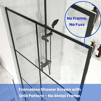 30" W x 76" H Frameless Shower Screen, Fixed Glass Panel for Walk-In Shower, 3/8" Tempered Glass, Grid Pattern Design