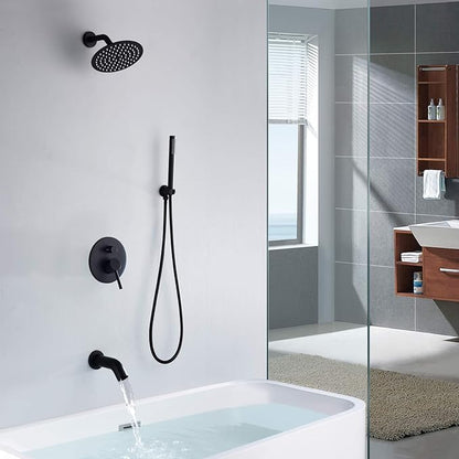 Matte Black Rain Shower Systems with Waterfall Tub Spout, Shower Faucets Sets Complete with 8 Inches Rain Shower Head and Handheld