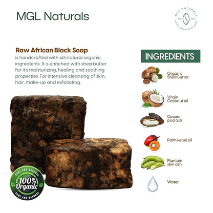 MGL Naturals Raw African Black Soap 5 lb bulk handmade from Ghana, Africa | Vegan & Organic | Face and body deep cleanse wash. (5 lb)