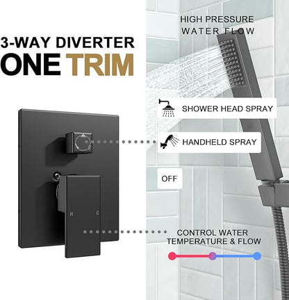 Lava Odoro Modern 2-Setting Square Shower System with Rain Shower Head and Handheld Spray Black, Rainfall Shower Faucet Set Chrome, Shower Valve and Trim Kit, Polished Chrome SF103-MB
