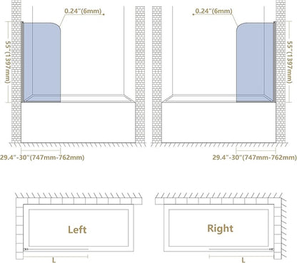 Shower Frameless Glass Door for Bathtub, 30”×55” Hinged Tub Shower Screen, Tempered Glass Tub Door, Chrome Pivot Bathroom Shower Door Panel