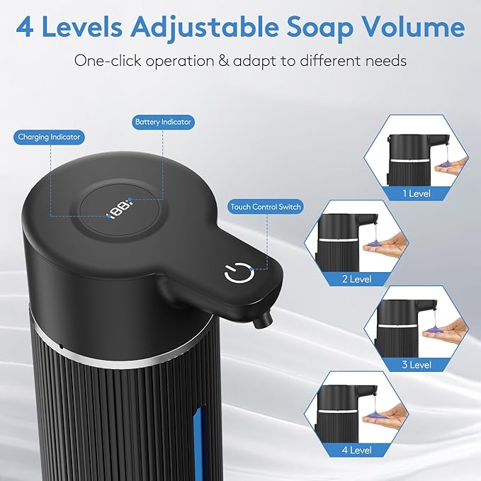 Automatic Soap Dispenser Touchless, 14.2oz/420ml Dish Hand Soap Dispenser for Kitchen Bathroom, Adjustable Volume for Thick & Thin Liquid, USB C Rechargeable, Clog-Free, Black