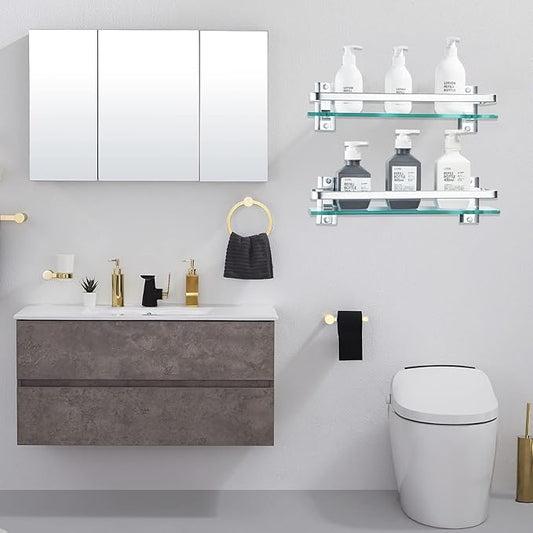 AIJALY 2 Pack Bathroom Glass Shelf,15.7 Inches Silver Bathroom Shower Glass Shelf Wall-Mounted, Metal Storage Floating Kitchen Shelf