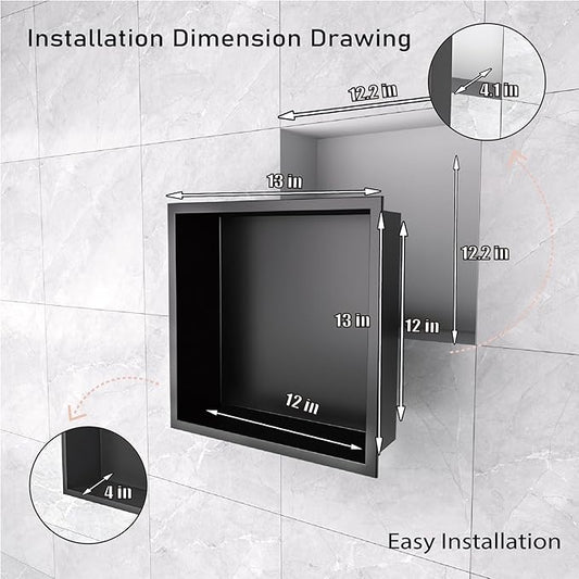 12x12 Matte Black Shower Niche - Stainless Steel Tile-Ready Bathroom Storage for Small Showers
