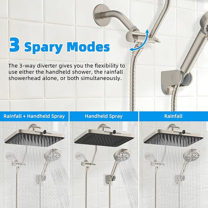 Hibbent cUPC Certified High Pressure 13'' Dual Shower Head Combo with 10-mode Handheld Spray, Rainfall 5-spray Shower Head, 12'' Adjustable Extension Arm, 71'' Hose, Showerhead Holder, Brushed Nickel