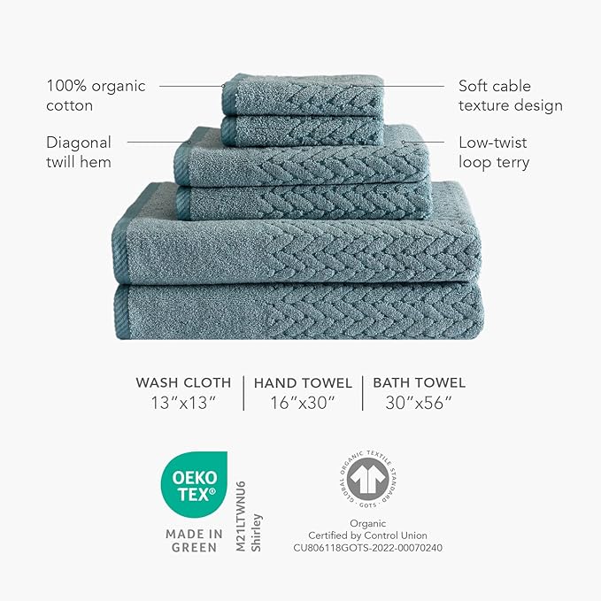 Texere 100% Organic Cotton Jacquard 650 GSM Premium Bath Towel Sets - Extra Absorbent Quick Dry and Plush (Cable, Birch, 4 Bath Towels)