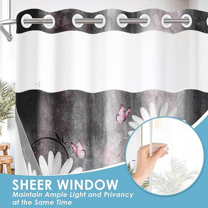 No Hook Pink White Daisy Butterfly Shower Curtain with Snap in Fabric Liner Set, Grey Farmhouse Double Layers Waterproof Fabric with See Through Top Window Open Grommet Bath Curtain 71x74 Inch