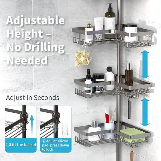 KEGII Corner Shower Caddy Tension Pole with Soap Dish & Razor Holder, Adjustable Bathroom Organizer with Hooks, 25-114.2 Inch Rustproof Storage Shelf for Renters & Apartments, Gunmetal Gray