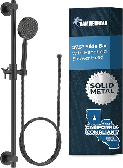 HammerHead Showers® SOLID METAL 27.5 Inch Shower Slide Bar Set and Handheld Shower Head with Hose — OIL RUBBED BRONZE — 1.75 GPM Low Flow Spray Wand — Easily Adjust Height & Angle of Handshower