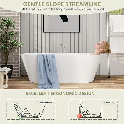 63" Acrylic Freestanding Bathtub - Mocoloo Modern Elegant Soaking Bathroom Tub Stand Alone, Matte White, Overflow and Stainless Offset Drain