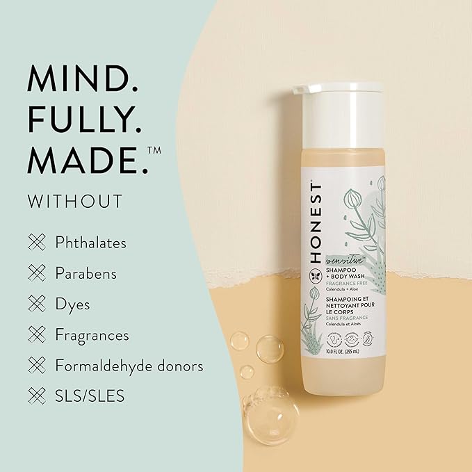 The Honest Company 2-in-1 Cleansing Shampoo and Body Wash for Sensitive Skin Gentle Tear-Free Hypoallergenic Baby with Naturally Derived Ingredients Fragrance-Free 18 fl oz