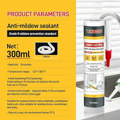 VGS 798 Professional Silicone Sealant Caulk 10.15 Oz Cartridge, 4 Pack - for Kitchen & Bathroom, White, 100% Waterproof Silicone Sealant,Shrink & Crack Proof