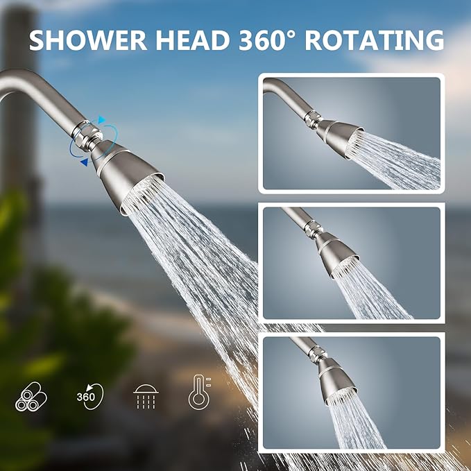 Aolemi Outdoor Shower Kit,Outdoor Shower Fixtures Faucet System with Brass Showerhead,Double Handle Exposed Shower with Brass Mix Valve,6 Inch Center with Soap Dish,Pipe Upward,Brushed Nickel
