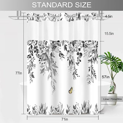 No Hook Shower Curtain and Liner Set, Grey Eucalyptus Floral Shower Curtains for Bathroom, Bath Curtain Sets with Snap in Liner, Waterproof with See Through Top Window, 71x77 Inches