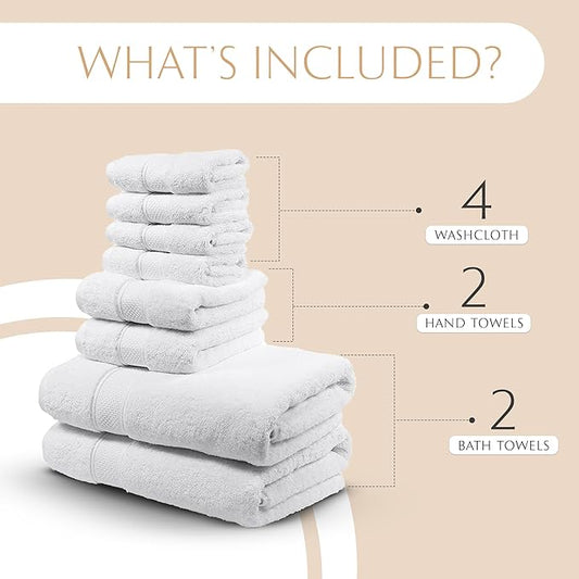 MAURA White Bath Towel Set of 8 for Bathroom. Turkish Cotton Luxury Bath Towels. Extra Large, Thick, Plush & Soft. Hotel & Spa Quality - White